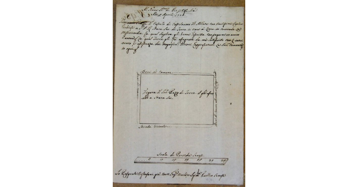 [Castel' nuovo dell'Abate. Linea con Giovanni Grazzi. Pianta di un pezzo di Terreno posto in Corte di detta Com.tà in contrada La misericordia allineato al predetto Grazzi ]