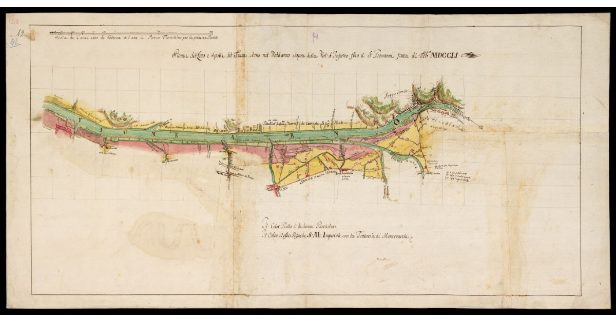 Pianta del letto e spalle del fiume Arno nel Valdarno di sopra dalla Val d'Inferno fino a S. Giovanni fatta di Feb.io MDCCLI