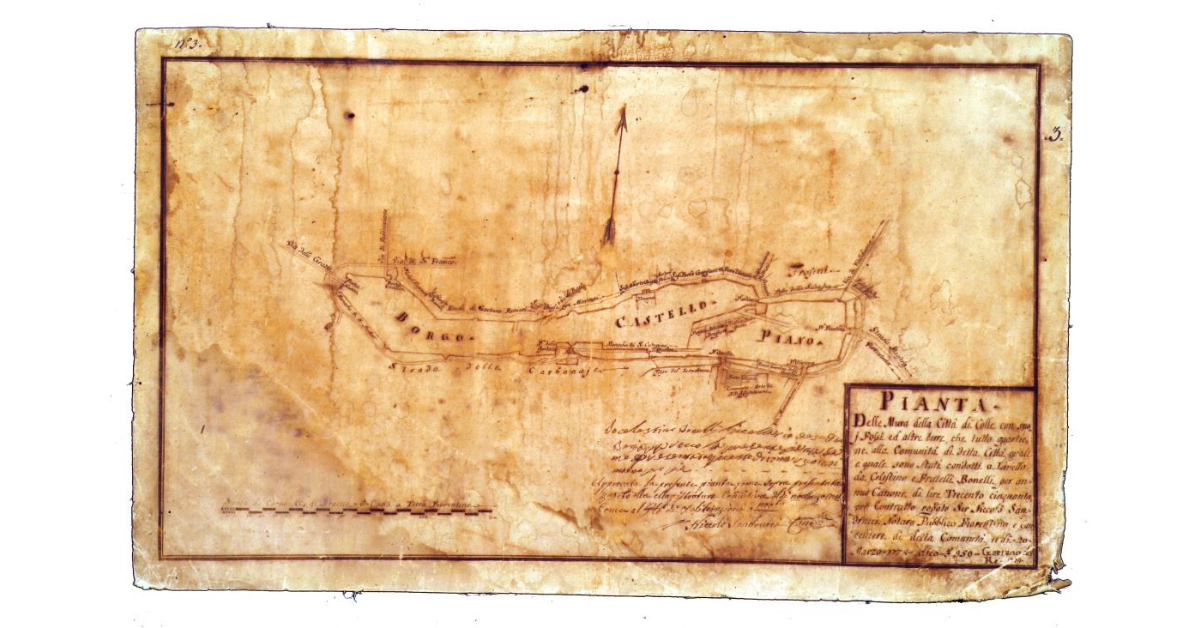 Pianta delle mura della città di Colle con i suoi fossi ed altre terre che tutto appartiene alla comunità di detta città quali e quale sono stati condotti a livello da Celestino e fratelli Bonelli per annuo canone di lire trecento cinquanta per contratto rogato da ser Niccolò Sandrucci notaro pubblico fiorentino e cancelliere di detta comunità, il dì 20 marzo 1778 dico £ 950