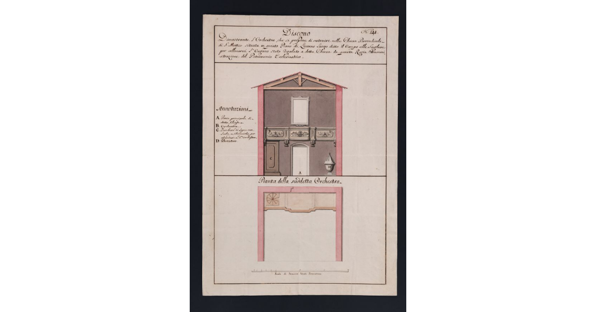 Disegno dimostrante l'Orchestra, che si propone di costruire nella Chiesa Parrocchiale di S. Matteo situata in questo Piano di Livorno Luogo detto il Campo alle Sughere per collocarvi l'Organo stato regalato a detta Chiesa da questa Regia Amministrazione del Patrimonio Ecclesiastico