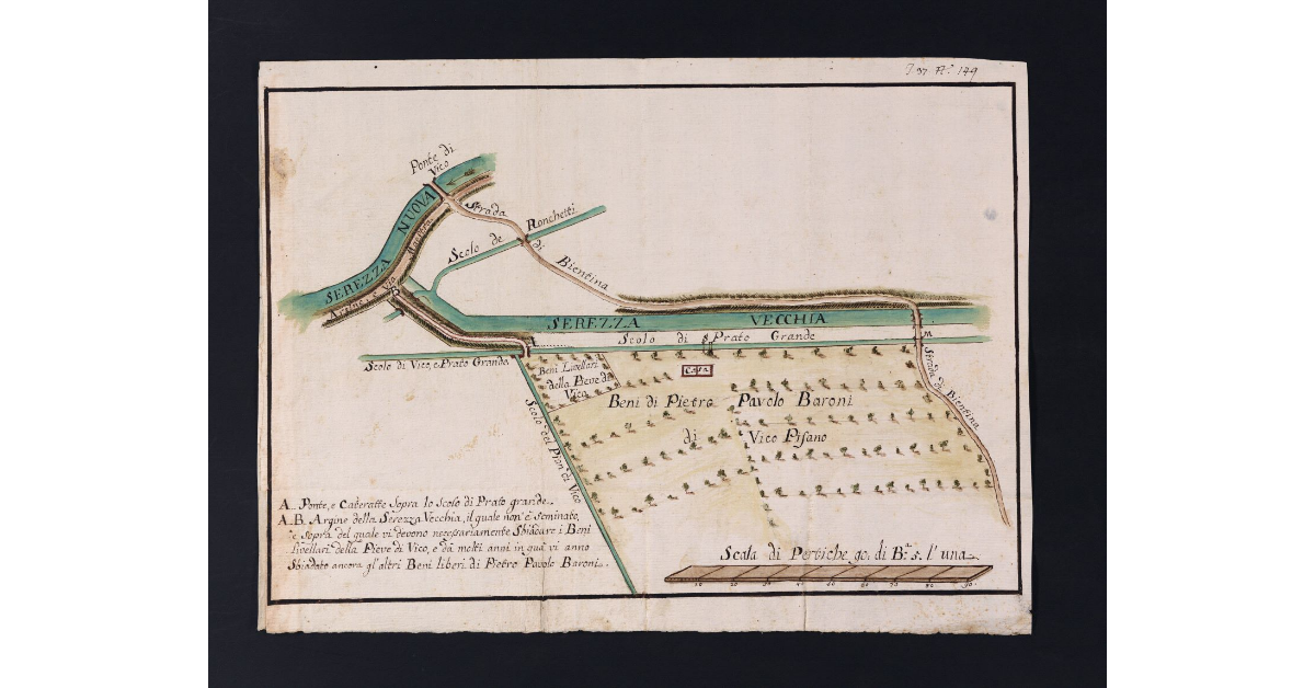[Pianta del luogo dove i Baroni ottennero il permesso di costruire un ponte di legno sullo scolo di Vicopisano e Pratogrande]