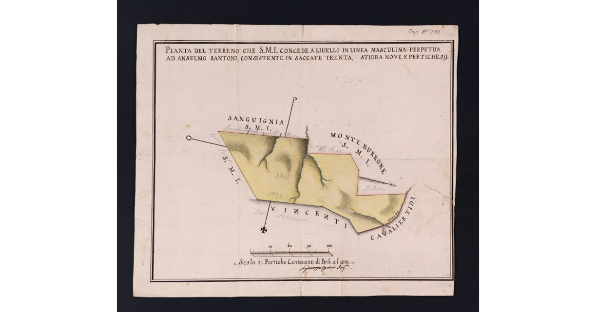 Pianta del terreno che S.M.I. concede a' livello in linea masculina perpetua ad Anselmo Santoni, consistente in saccate trenta, stiora nove, e pertiche 29
