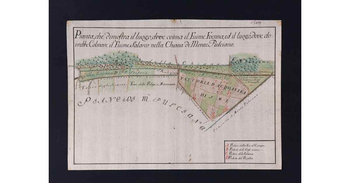 Pianta, che dimostra il luogo, dove colma il Fiume Foenna, ed il luogo, dove dovrebbe Colmare il Fiume Salarco nella Chiana di Monte Pulciano