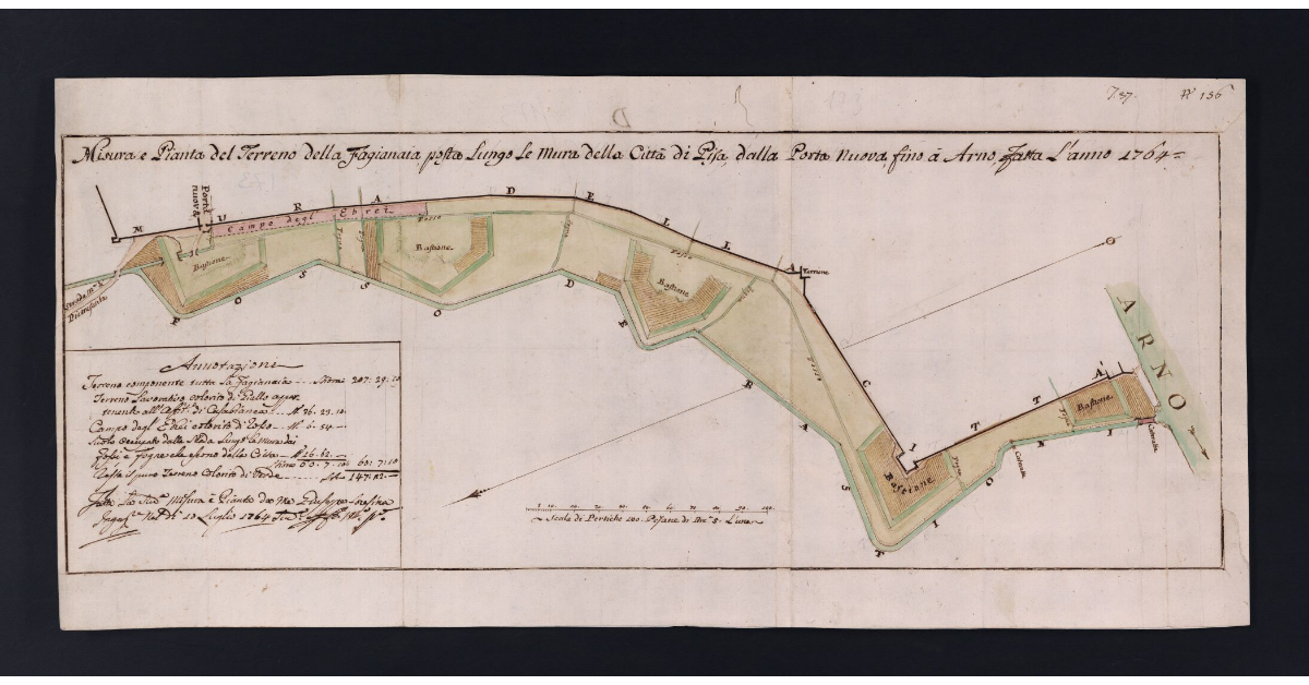 Misura e Pianta del Terreno della Fagianaia, posta lungo le Mura della Città di Pisa, dalla Porta Nuova, fino a Arno, fatta l'Anno 1764