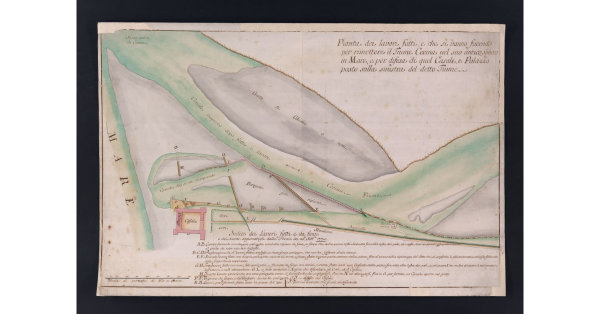 Pianta del lavori fatti, e che si vanno facendo per rimettere il Fiume Cecina nel suo antico sbocco in Mare, e per difesa di quel Casale, e Palazzo posto sulla sinistra di detto Fiume