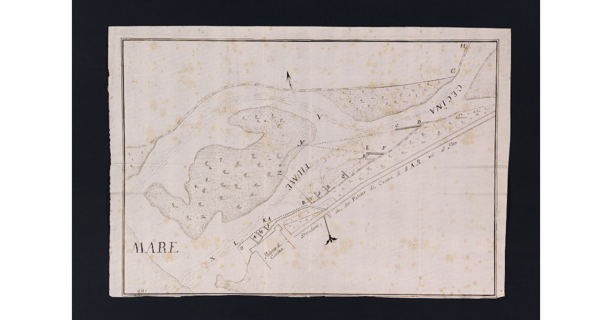 Pianta dimostrativa lo stato stato dei lavori fatti al Fiume Cecina nel Maggio 1773 dopo la grossa piena venuta in quel Fiume il dì 25 settembre di detto Anno fatta dall'Ing. Gio. Michele Piazzini e mandata al Soprintendente nel mese d'Ottobre sussiguente