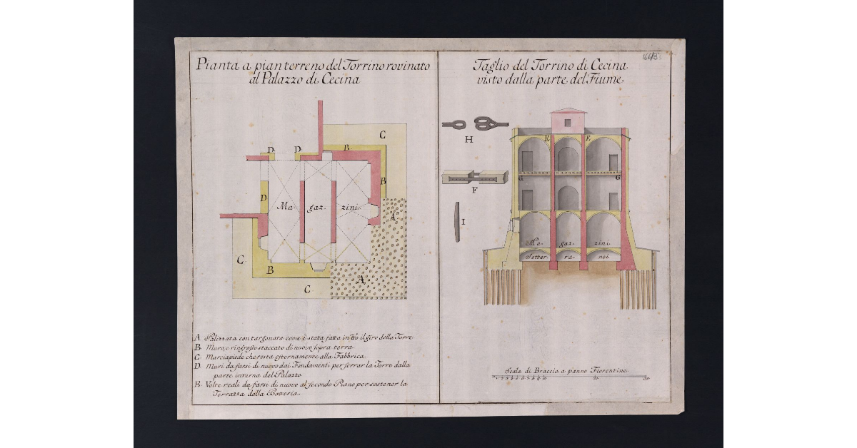[Pianta del piano terreno e taglio del torrino rovinato del Palazzo di Cecina]