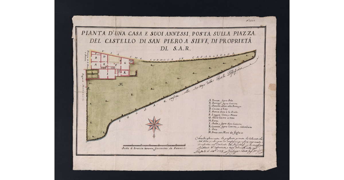 Pianta d'una casa e suoi annessi, posta sulla piazza del Castello di San Piero a Sieve, di proprietà di S.A.R