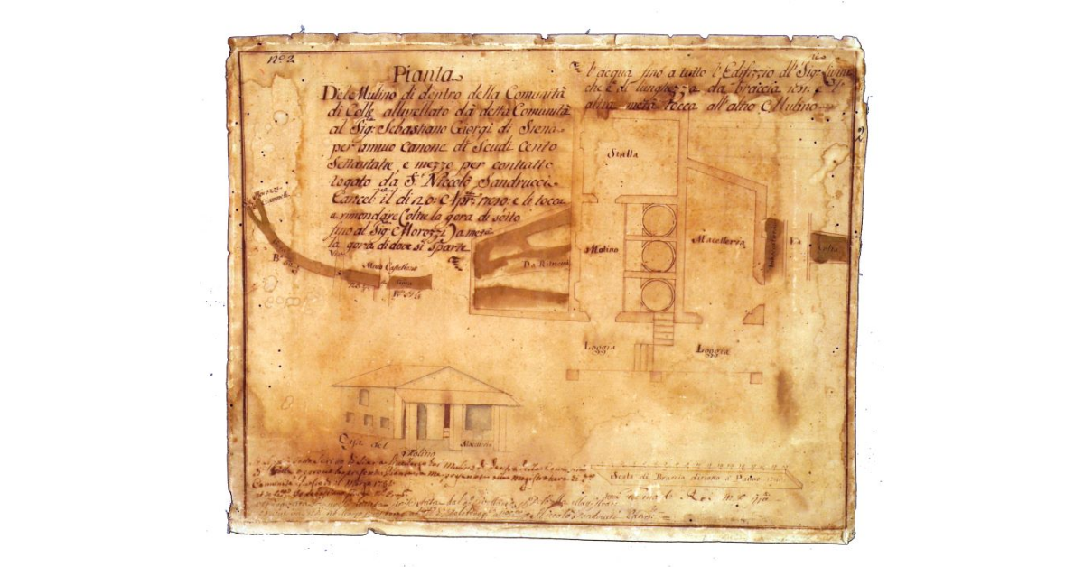 Pianta del mulino di dentro della comunità di Colle allivellato da detta comunità al signor Sebastiano Giorgi di Siena ...