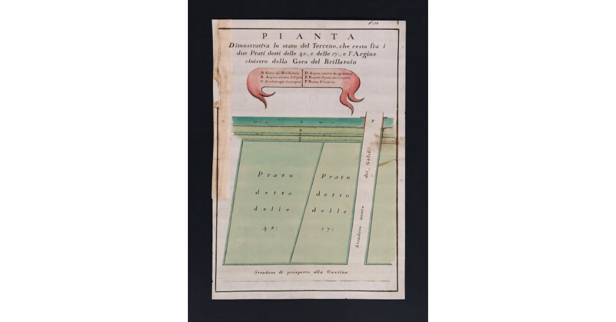 Pianta dimostrativa lo stato del Terreno, che resta fra i due Prati detti delle 45 e delle 17, e l'Argine sinistro della Gora del Brillatoio