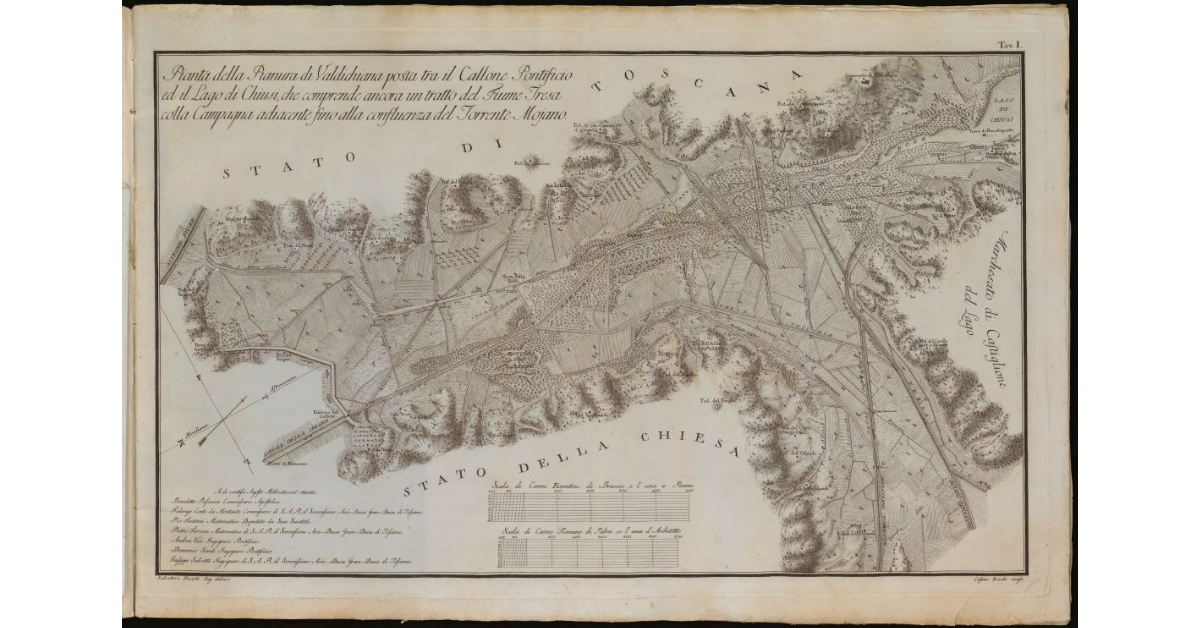 Pianta della pianura di Valdichiana fra il Callone Pontificio e il lago di Chiusi che comprende ancora un tratto del fiume Tresa colla campagna adiacente fino alla confluenza del torrente Moiano