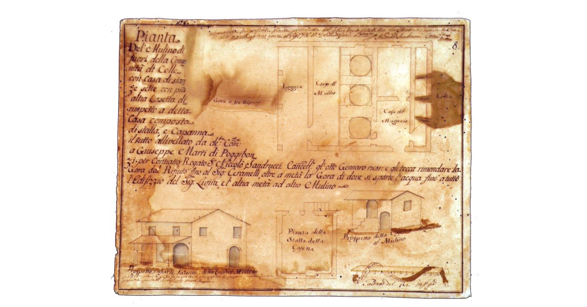 Pianta del mulino di fuori della comunità di Colle con casa di stanze sette con più altra casetta dirimpetto a detta casa composta di stalla e capanna il tutto allivellato da detta comunità a Giuseppe Marri di Poggibonsi ...