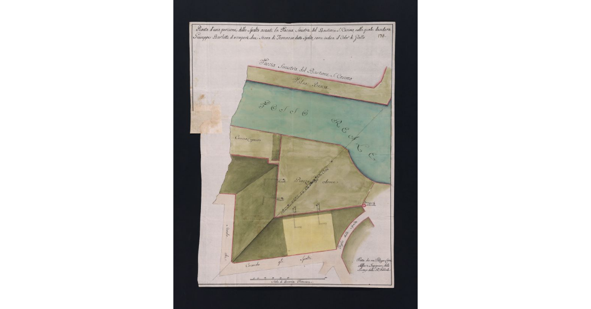 Pianta d'una porzione dello spalto avanti la Faccia sinistra del Bastione S. Cosimo, nella quale desidera Giuseppe Barlotti d'occupare due stiora di Terreno in detto spalto, come indica il Color di Giallo