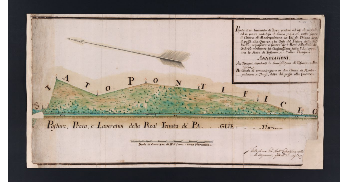 Pianta di un tenimento di Terra prativa ad uso di pascoli ed in parte padulosa di Stiora 726.5.6, posta sopra il Chiaro di Montepulciano in Val di Chiana, tra il passo alla Querce, e la casa del Podere della Vallicella, acquistata a favore dei Beni Allodiali di S.A.R. mediante la Confinazione fatta l'Anno 1777 tra lo Stato di Toscana, e l'altro Pontificio