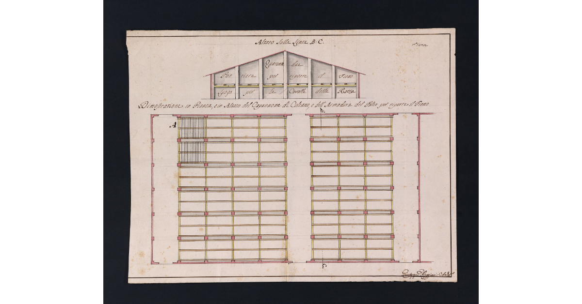 Dimostrazione in Pianta, e in Alzato del Capannone di Coltano e dell'Armadura del Palco per riporre il Fieno
