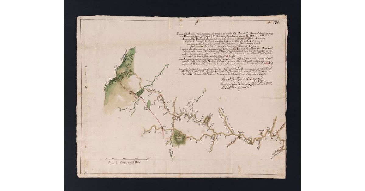 [Pianta della strada di Montecarelli in località Bonicaccio fatta in relazione alla causa vertente fra i monaci di Settimo e lo Scrittoio delle Regie Possessioni]