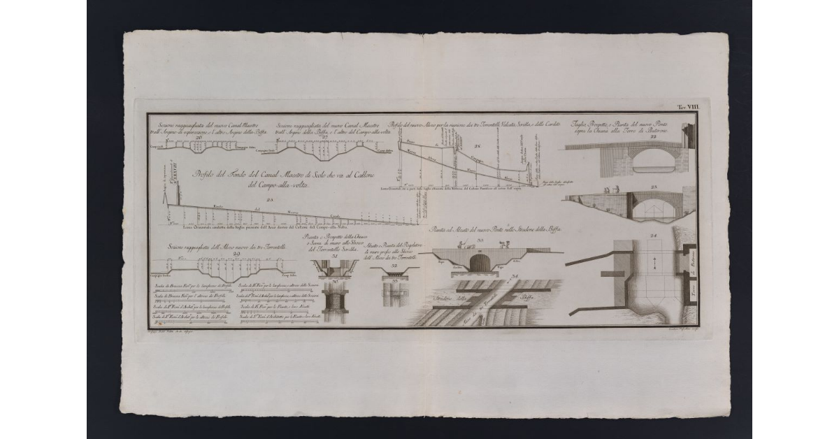 [Piante, profili, sezioni e prospetti relativi al canale Maestro di Chiana]