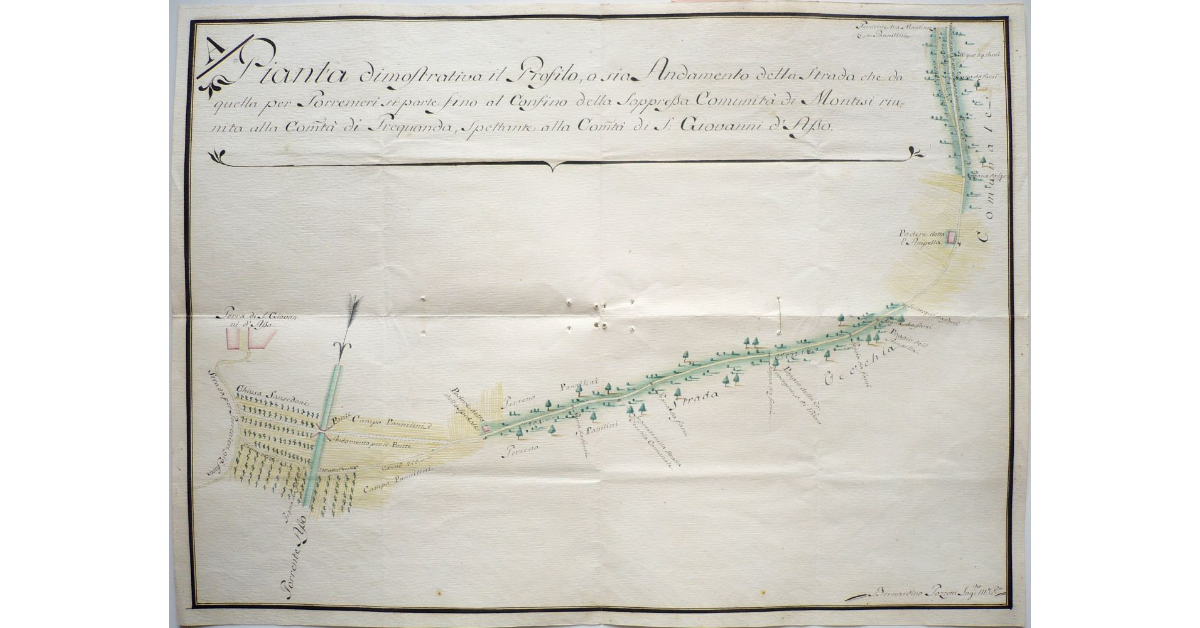 A _ Pianta dimostrativa il Profilo, o sia Andamento della Strada che da quella per Torrenieri si parte fino al Confino della Soppressa Comunità di Montisi riunita alla Comunità di Trequanda, spettante alla Comunità di S. Giovanni d’Asso