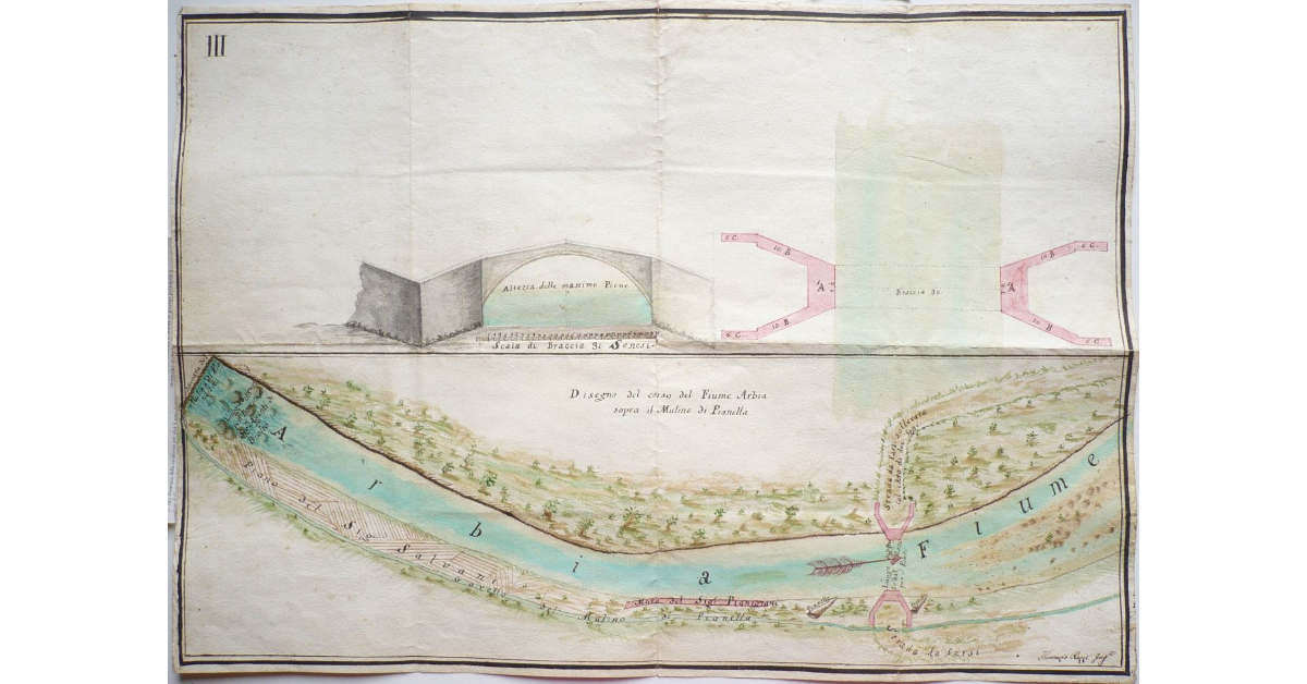 Disegno del corso del Fiume Arbia sopra il Mulino di Pianella