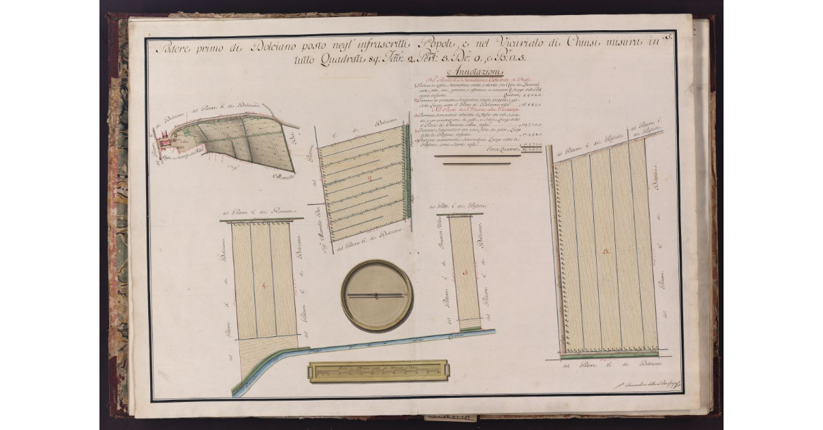 Podere primo di Dolciano Posto negl'infrascritti Popoli, e nel Vicariato di Chiusi misura in tutto Quadrati 89. Tav. 2. Per. 3. De. 0., e B. quadre. 5