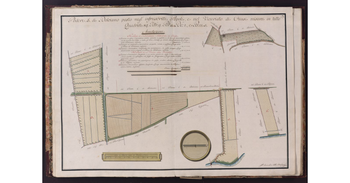 Podere 3° di Dolciano posto negl'infrascritti Popoli, e nel Vicariato di Chiusi misura in tutto Quadrati 89. Tav. 9. Per. 3. De. 1., e B. quadre 5