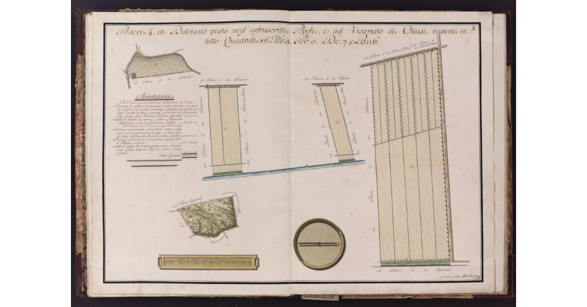 Poder 4° di Dolciano posto negl'infrascritti Popoli, e nel Vicariato di Chiusi misura in tutto Quadrati 86. Tav. 5. Per. 8 De. 7, e B. quadre 6