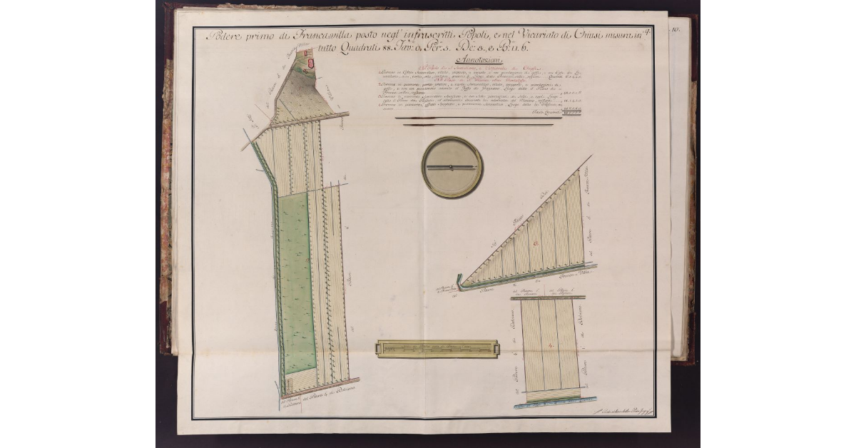 Podere primo di Francavilla posto negl'infrascritti Popoli, e nel Vicariato di Chiusi misura in tutto Quadrati 88. Tav. 0. Per. 5. De. 3, e B. quadre 6