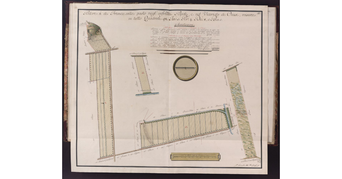 Podere 2° di Francavilla posto negl'infrascritti Popoli, e nel Vicariato di Chiusi, misura in tutto Quadrati 92. Tav. 5. Per. 4. De. 8, e B. quadre 0