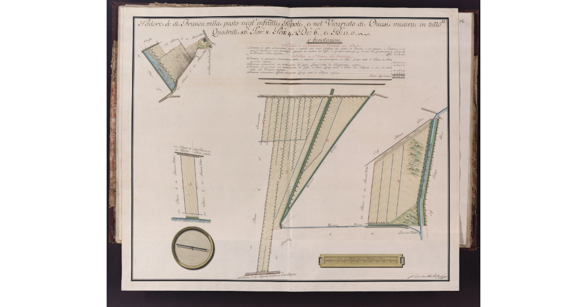 Podere 3° di Francavilla posto negl'infrascritti Popoli, e nel Vicariato di Chiusi misura in tutto Quadrati 86. Tav. 8. Per. 4. De. 6., e B. quadre 0
