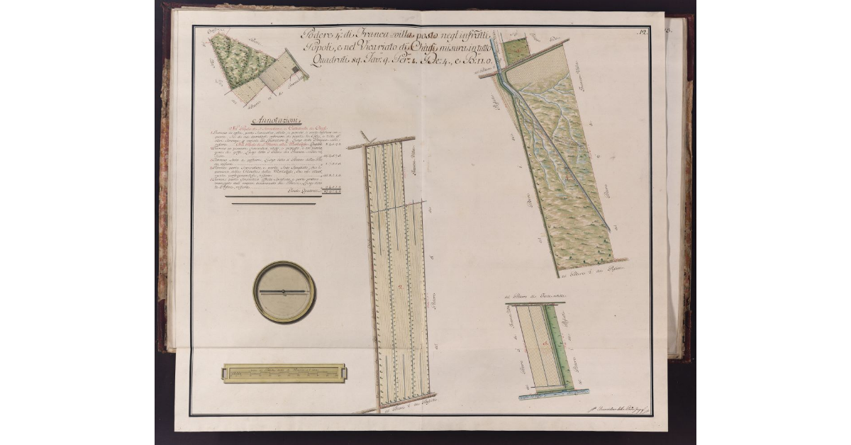 Podere 4° di Francavilla posto negl'infrascritti Popoli, e nel Vicariato di Chiusi misura in tutto Quadrati 89. Tav. 9. Per. 1, De. 4., e B. quadre 0