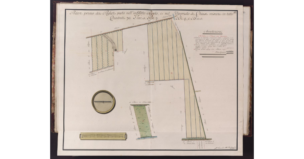 Podere primo dei Paglieti posto nell'infrascritto Popolo, e nel Vicariato di Chiusi misura in tutto Quadrati 70. Tav. 5. Per. 7. De. 9., e B. quadre 0