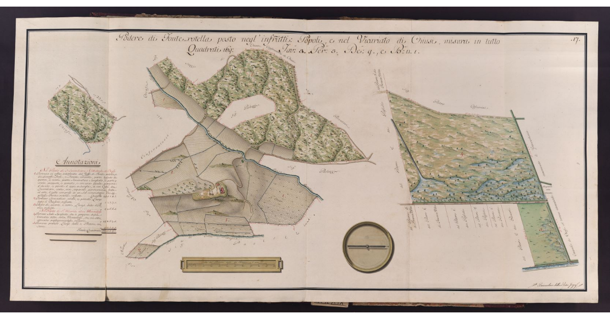Podere di Fonterotella posto negl'infrascritti Popoli, e nel Vicariato di Chiusi, misura in tutto Quadrati 169. Tav. 3. Per. 3. De. 9., e B. quadre 1