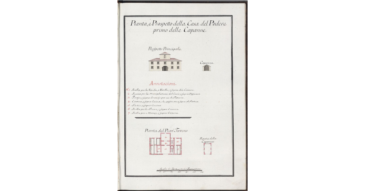 Pianta, e Prospetto della Casa del Podere primo delle Capanne