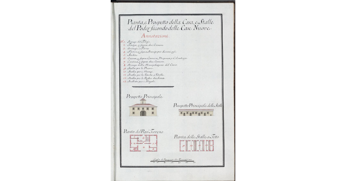 Pianta, e Prospetto della Casa, e Stalle del Poder secondo delle Case Nuove