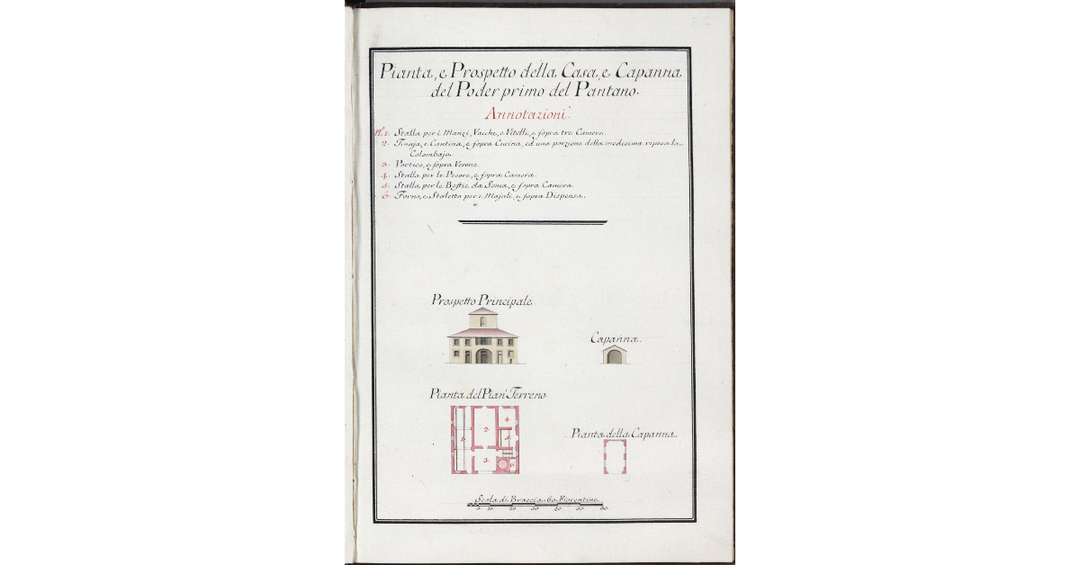 Pianta, e Prospetto della Casa, e Capanna del Poder primo del Pantano