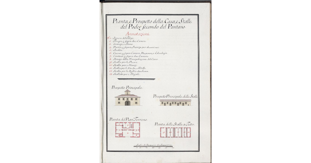 Pianta, e Prospetto della Casa, e Stalle del Poder secondo del Pantano