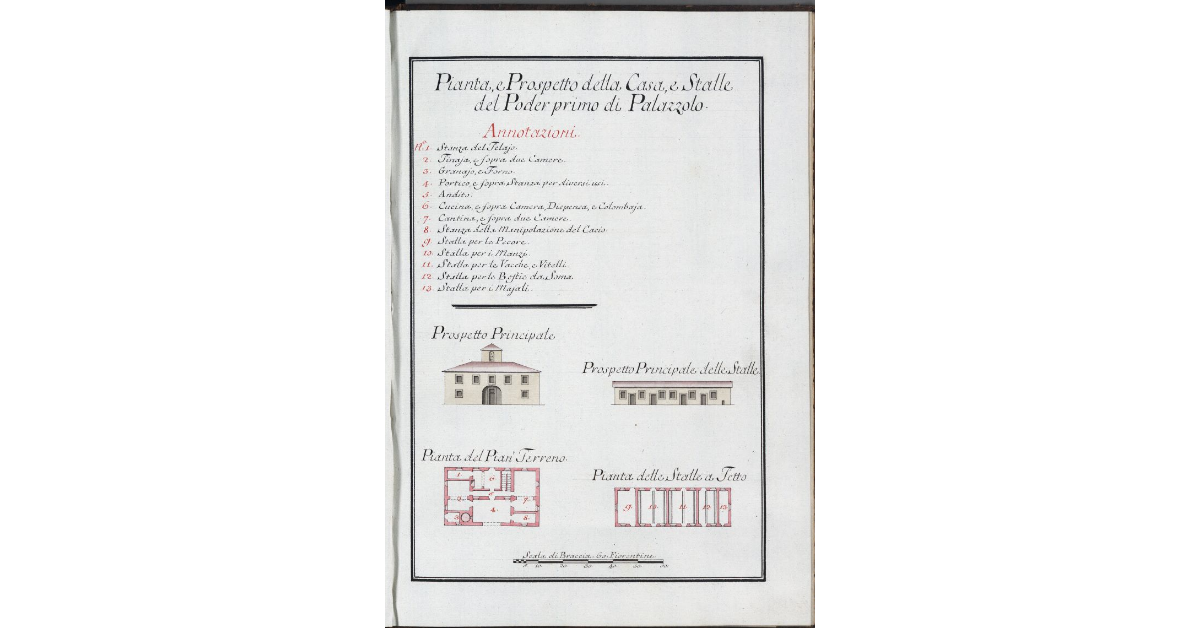 Pianta, e Prospetto della Casa, e Stalle del Poder primo di Palazzolo